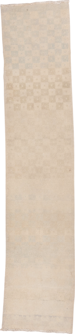 1' x 8' one-of-a-kind handmade vintage Oushak rug. Color palette: ivory, cream, beige, taupe, pale gold, light gray, gray