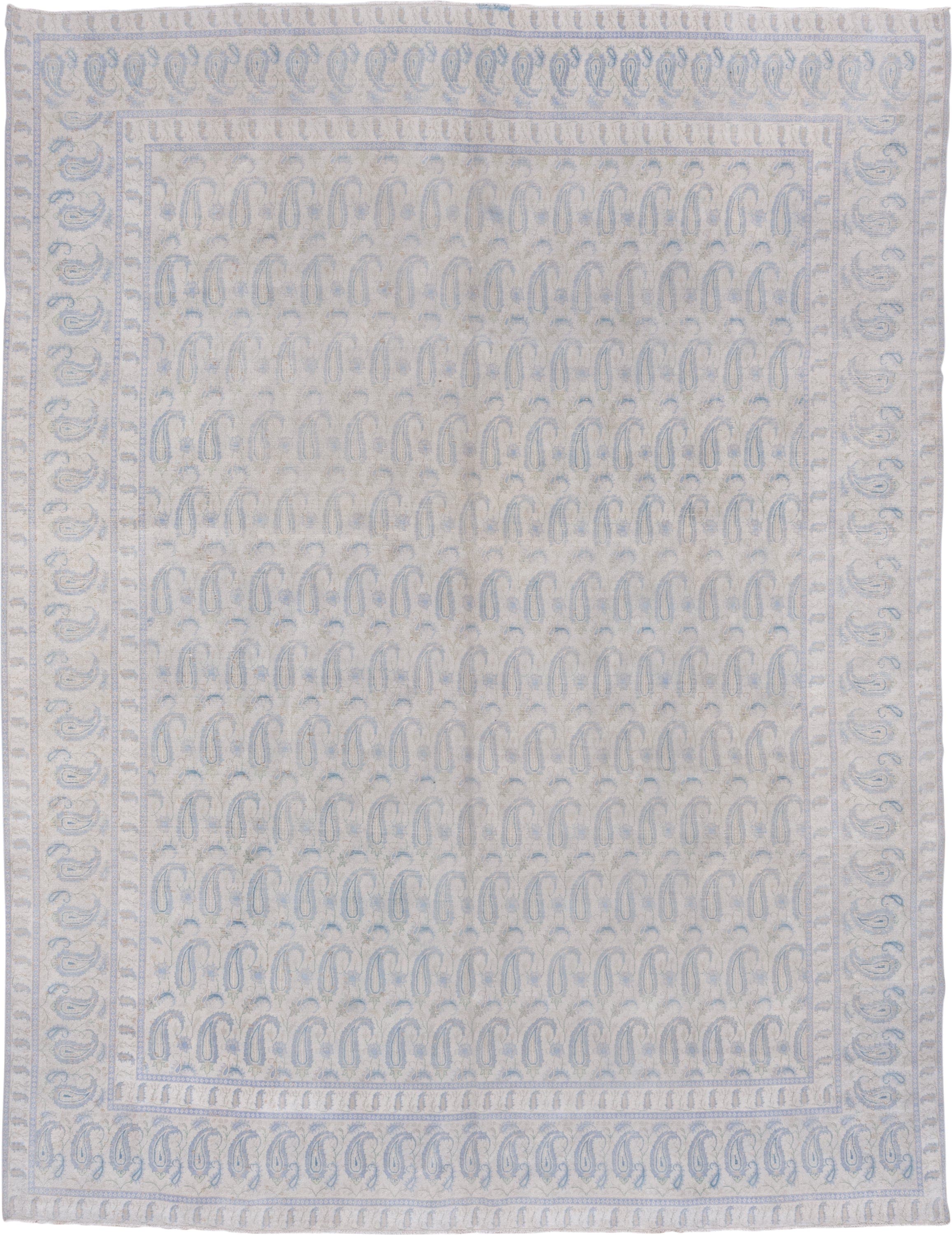 9' x 12' one-of-a-kind handmade vintage Sivas large size rug. Color palette: ivory, pale blue, cream, light gray, beige