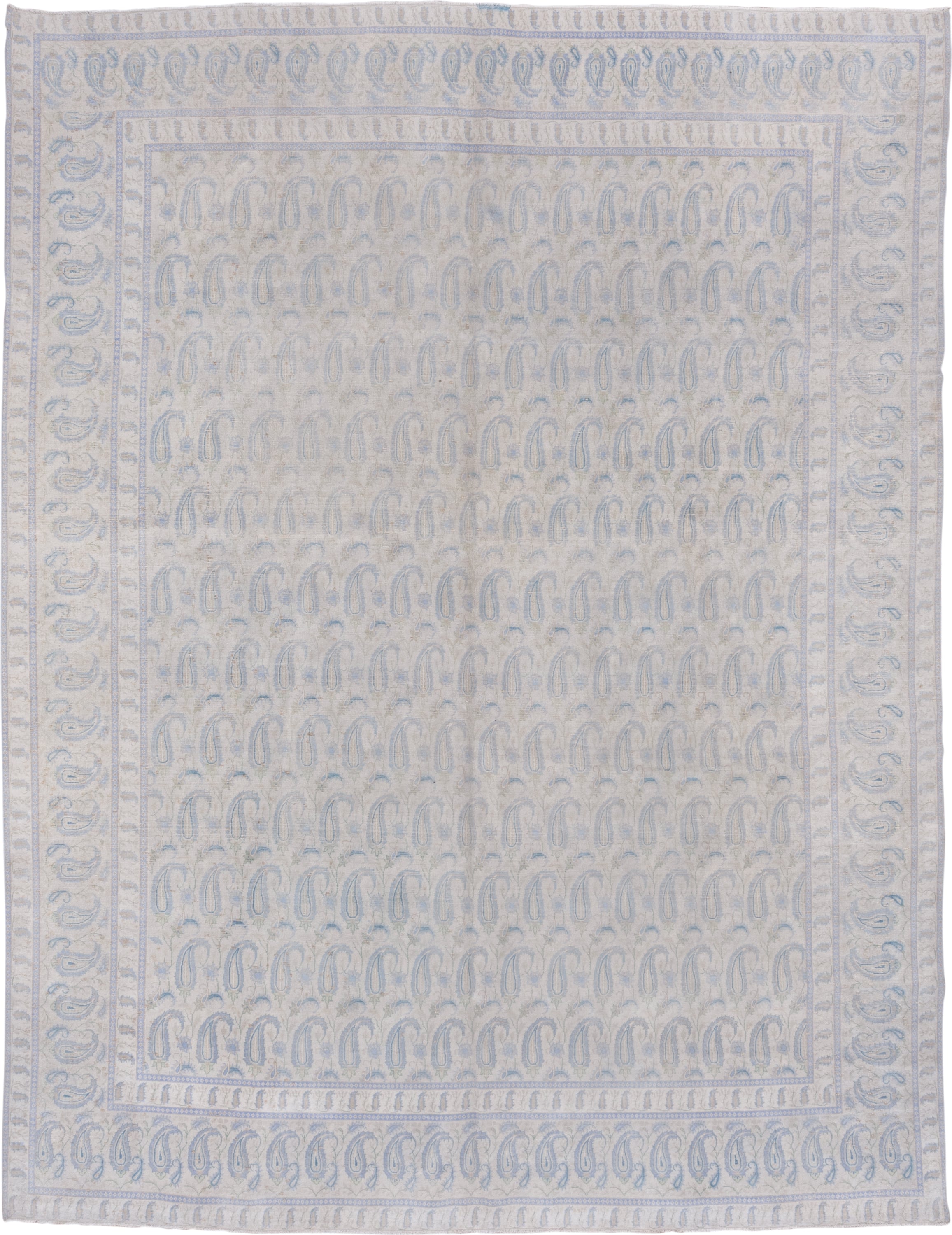 9' x 12' one-of-a-kind handmade vintage Sivas large size rug. Color palette: ivory, pale blue, cream, light gray, beige