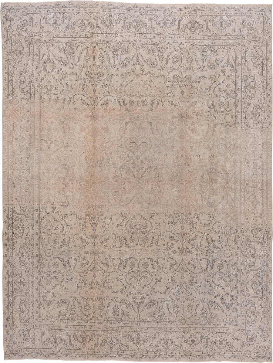 8' x 10' one-of-a-kind handmade vintage  large size rug. Color palette: beige, taupe, ivory, slate, greige, sand, gray
