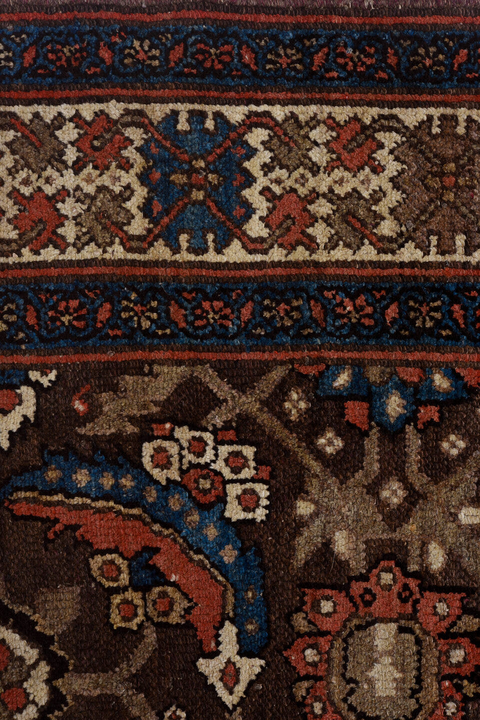 5' x 11' one-of-a-kind handmade vintage Malayer rug. Color palette: brown, ivory, rust, indigo, blue, coral, taupe