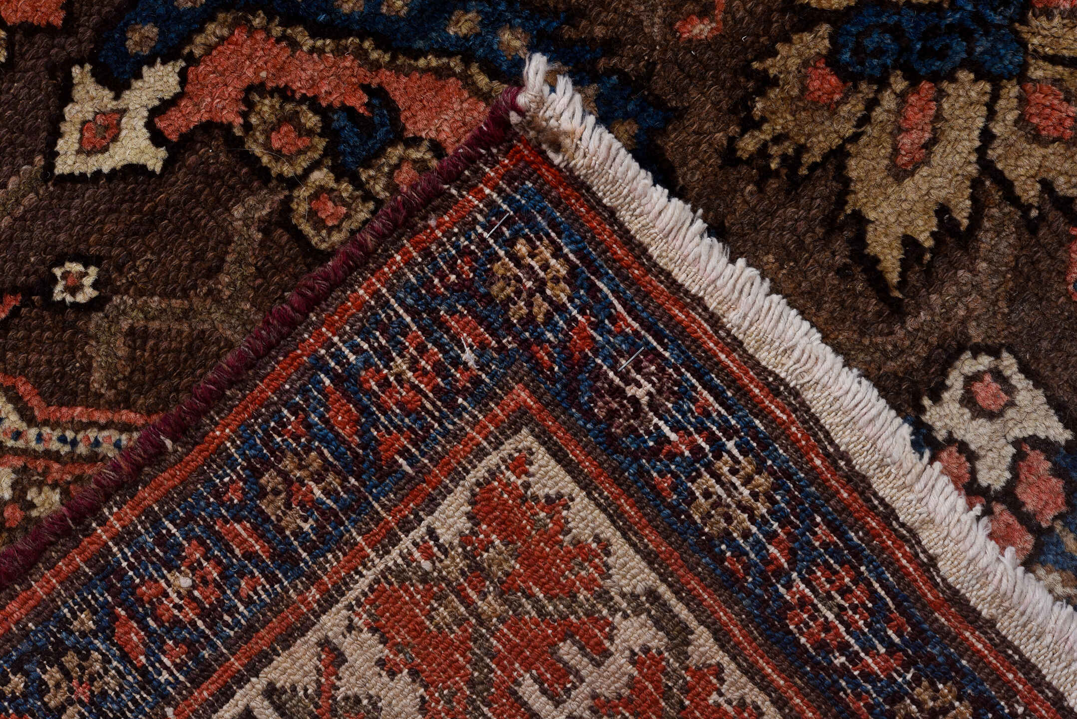 5' x 11' one-of-a-kind handmade vintage Malayer rug. Color palette: brown, ivory, rust, indigo, blue, coral, taupe