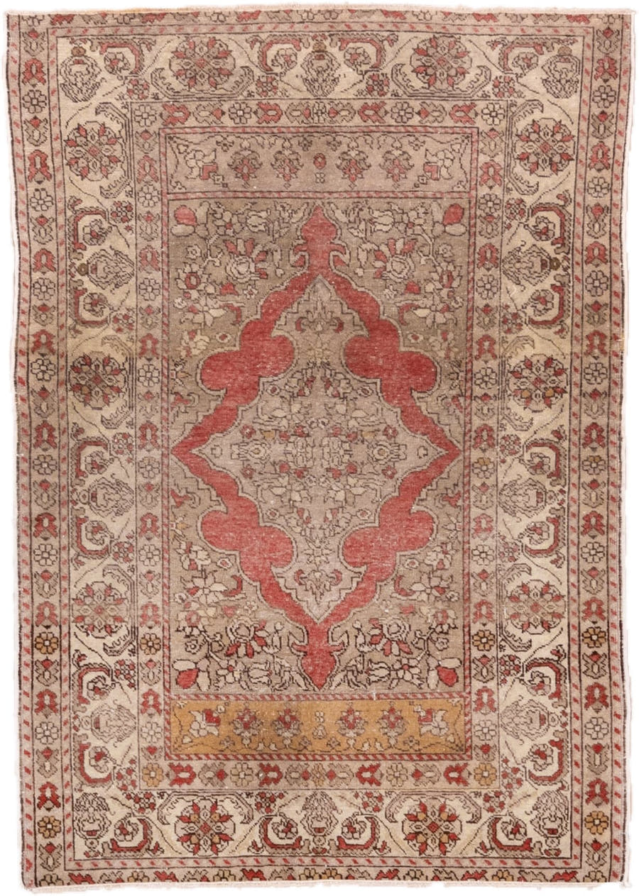 3' x 5' one-of-a-kind handmade vintage Oushak small size rug. Color palette: ivory, taupe, coral, rose, gold, camel, brown