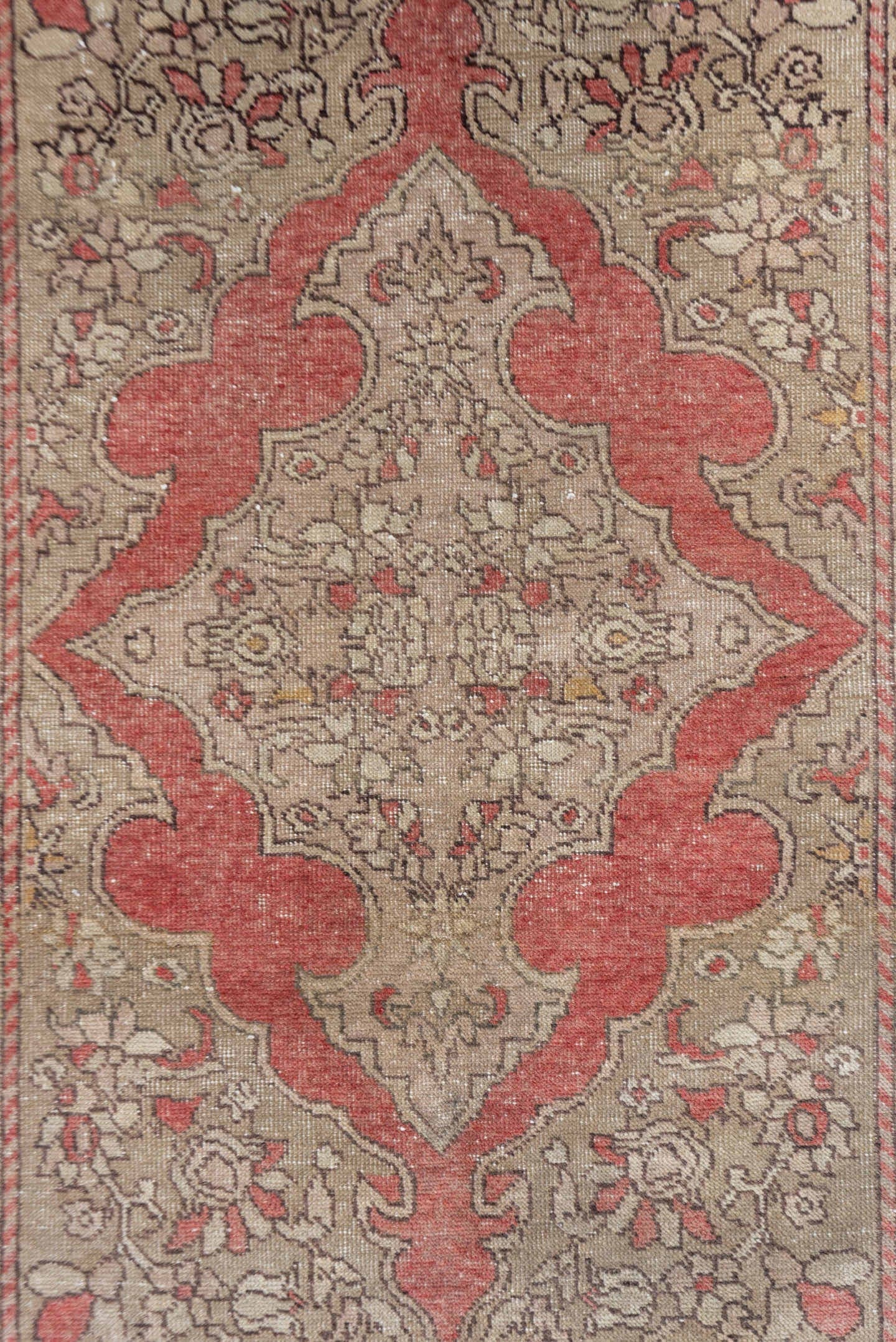 3' x 5' one-of-a-kind handmade vintage Oushak small size rug. Color palette: ivory, taupe, coral, rose, gold, camel, brown