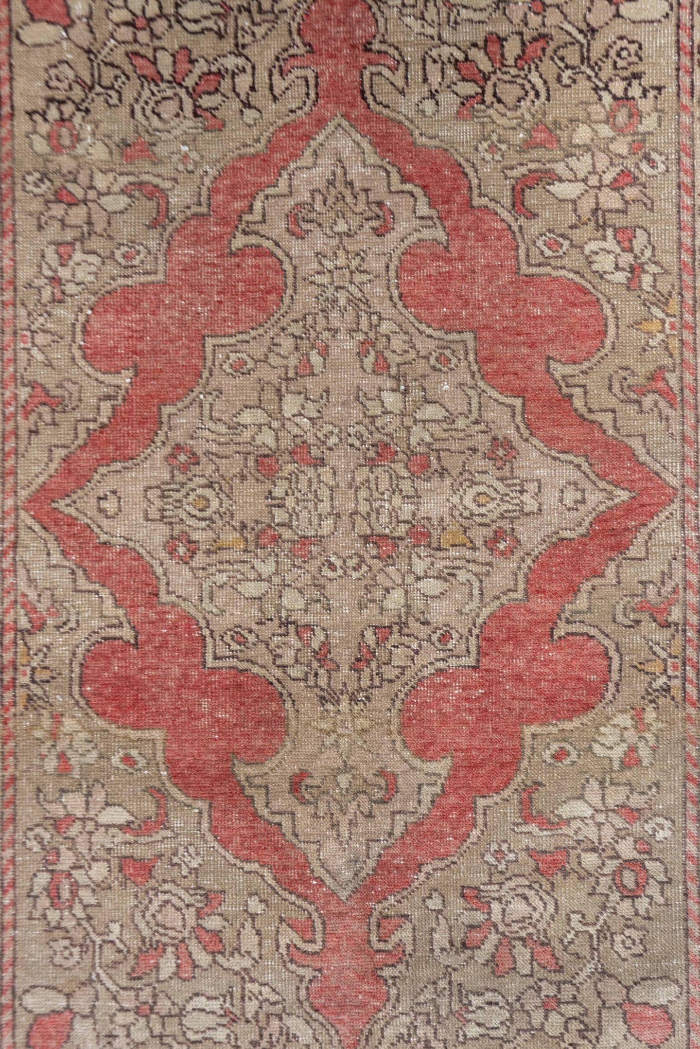 3' x 5' one-of-a-kind handmade vintage Oushak small size rug. Color palette: ivory, taupe, coral, rose, gold, camel, brown