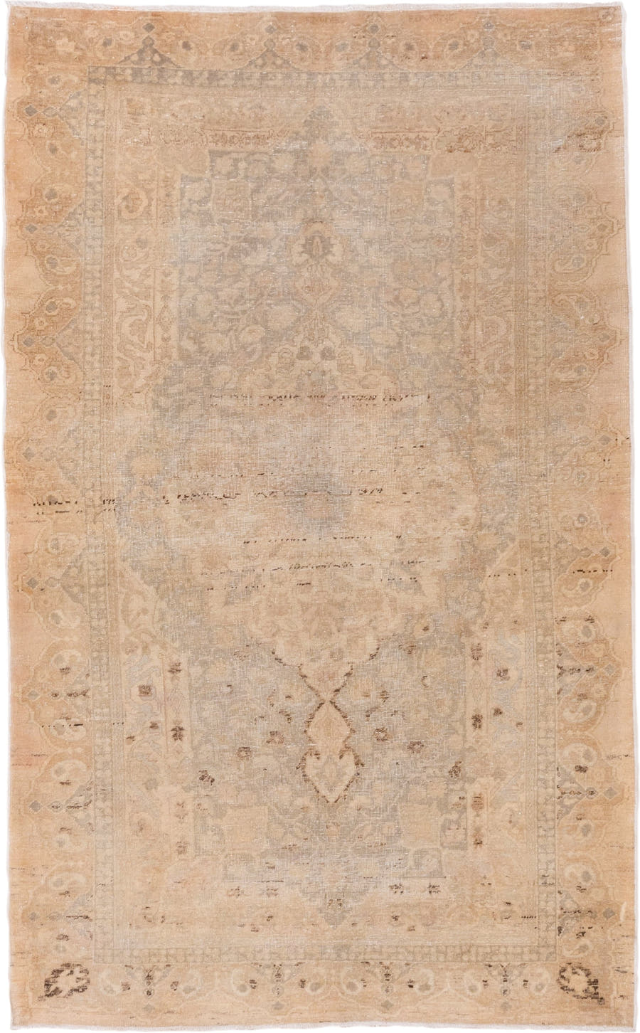 4' x 6' one-of-a-kind handmade vintage Sivas small size rug. Color palette: peach, ivory, taupe, beige, camel, light gray