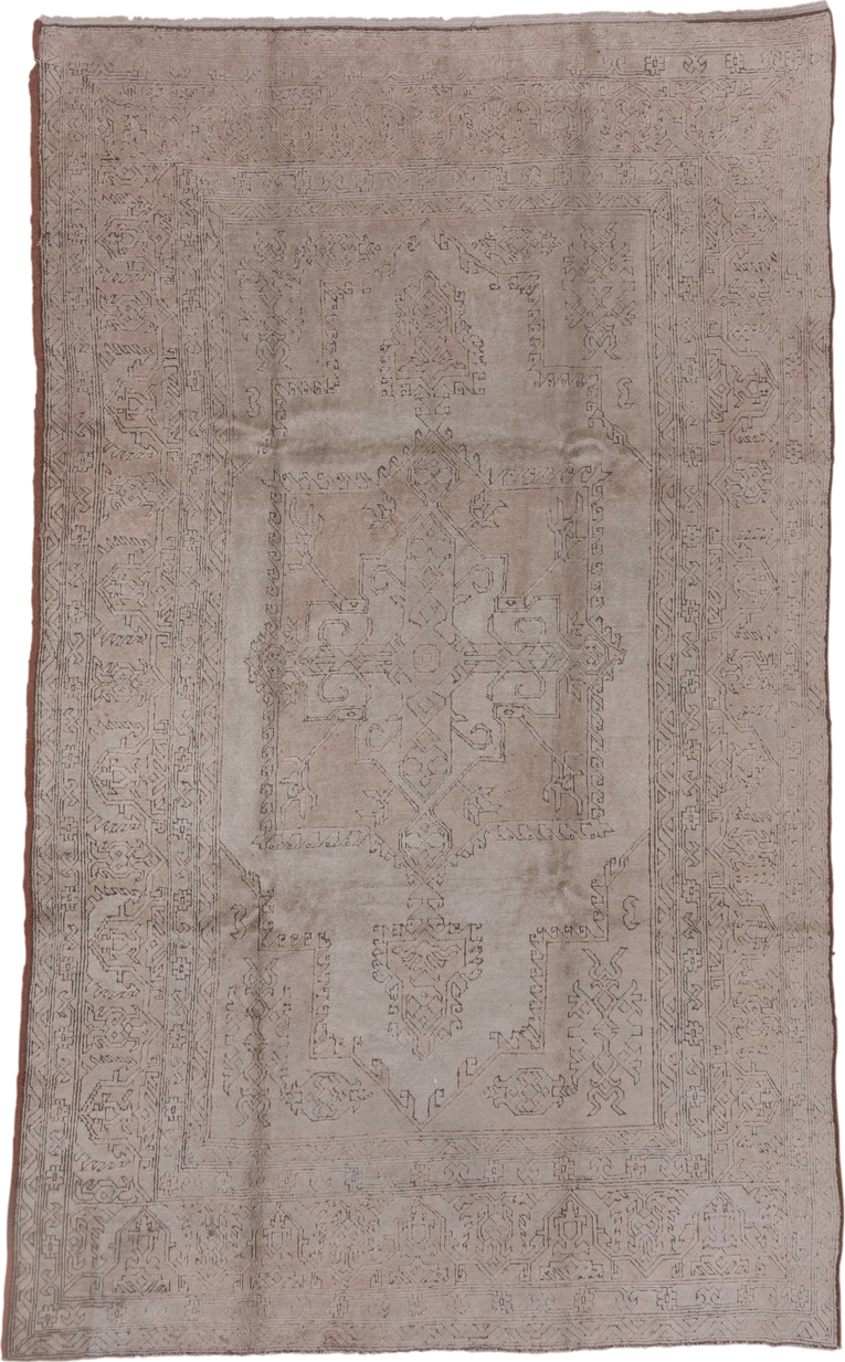 7' x 11' one-of-a-kind handmade vintage Oushak large size rug. Color palette: taupe, beige, ivory, camel, brown, gray