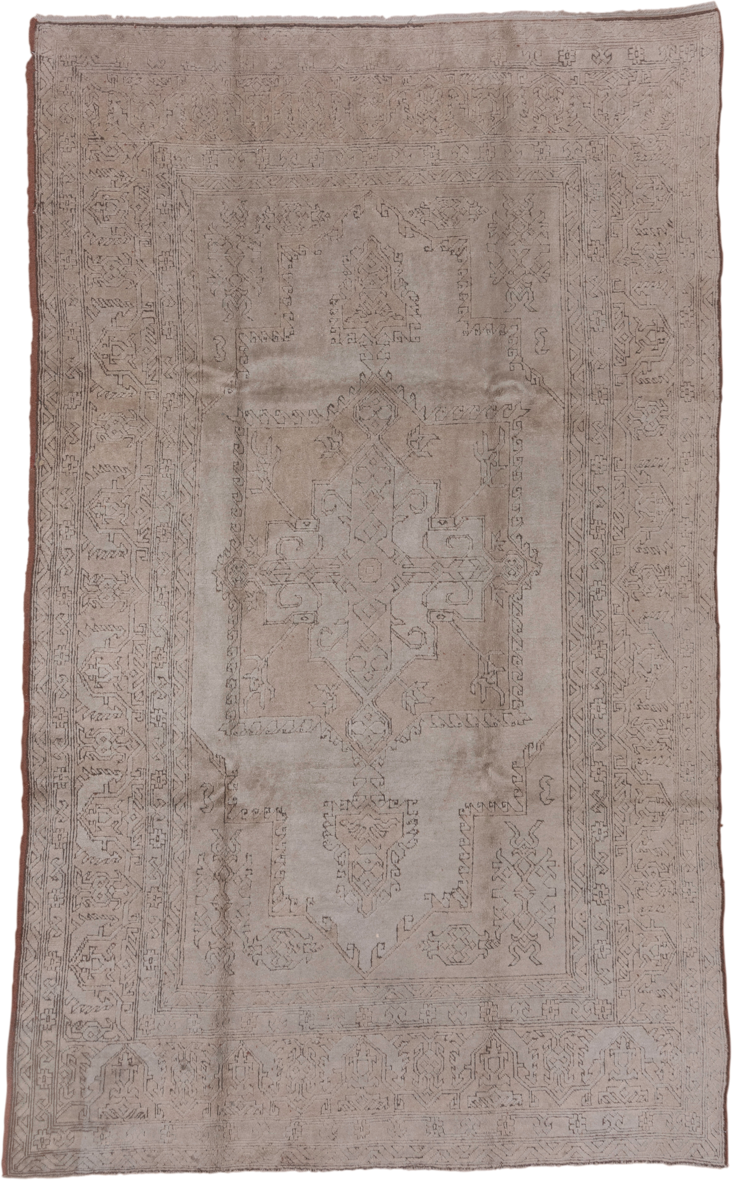 7' x 11' one-of-a-kind handmade vintage Oushak large size rug. Color palette: taupe, beige, ivory, camel, brown, gray