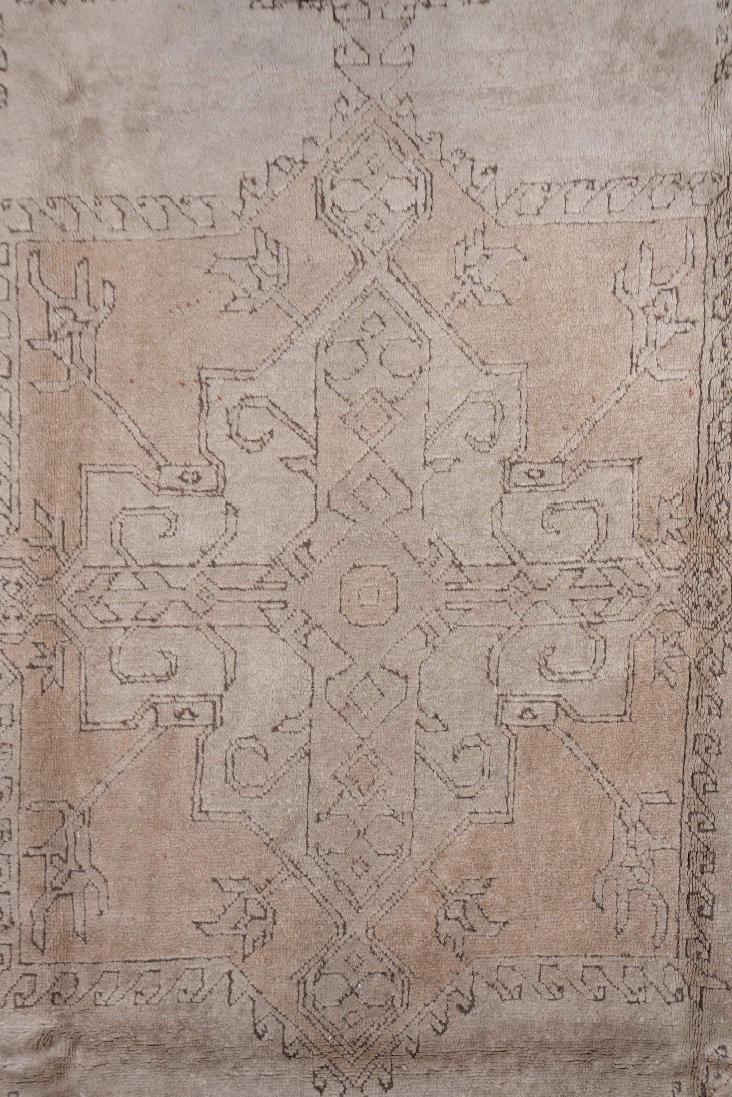 7' x 11' one-of-a-kind handmade vintage Oushak large size rug. Color palette: taupe, beige, ivory, camel, brown, gray