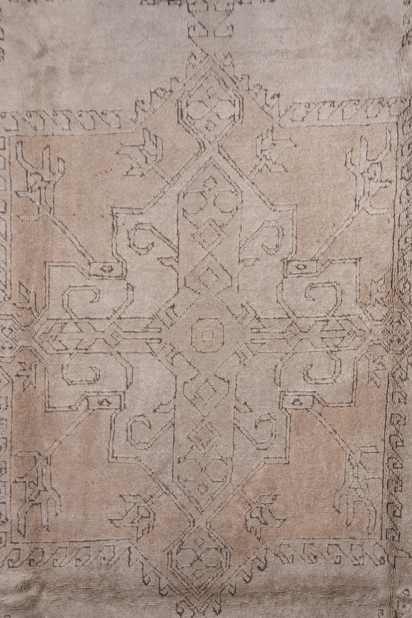 7' x 11' one-of-a-kind handmade vintage Oushak large size rug. Color palette: taupe, beige, ivory, camel, brown, gray