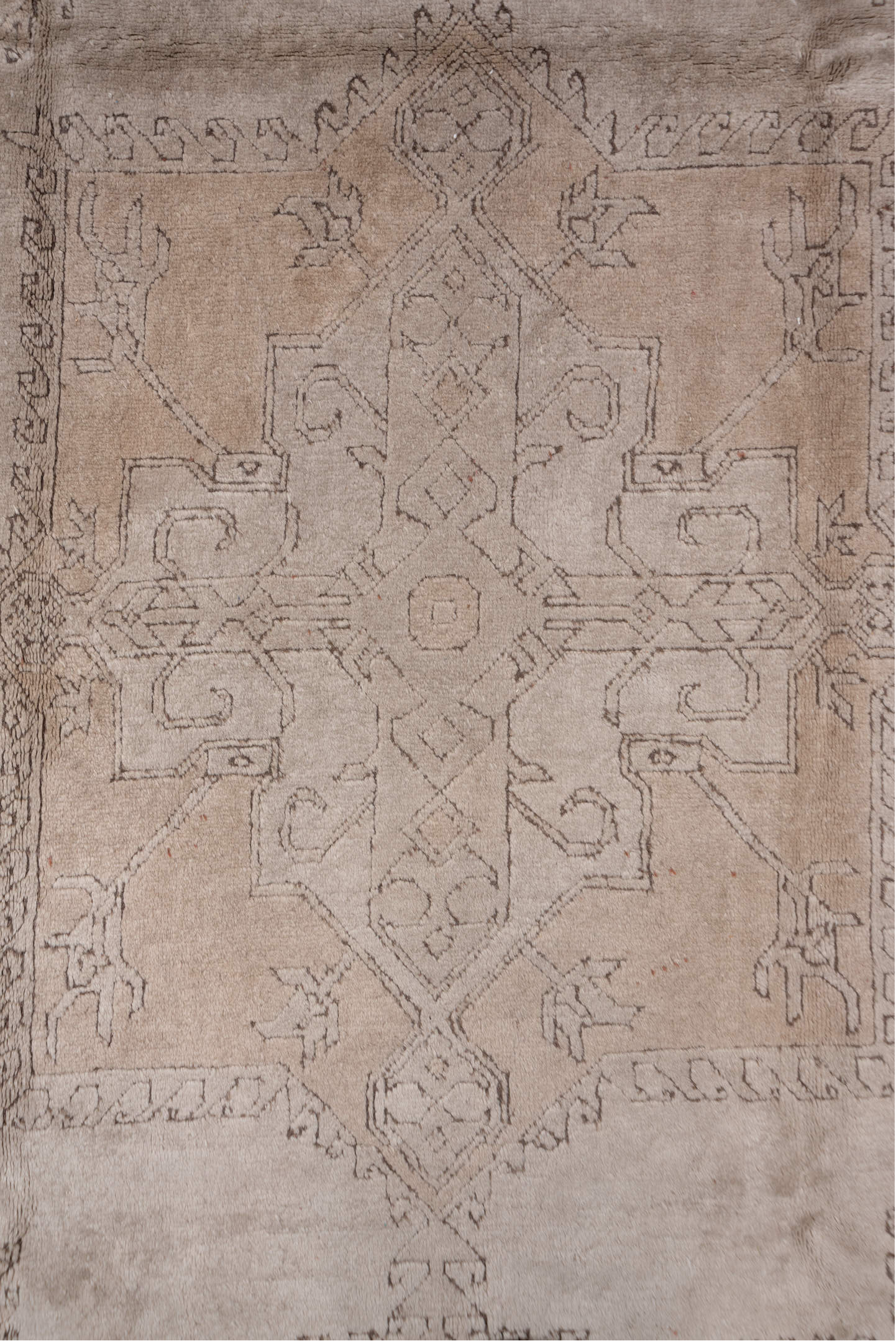 7' x 11' one-of-a-kind handmade vintage Oushak large size rug. Color palette: taupe, beige, ivory, camel, brown, gray