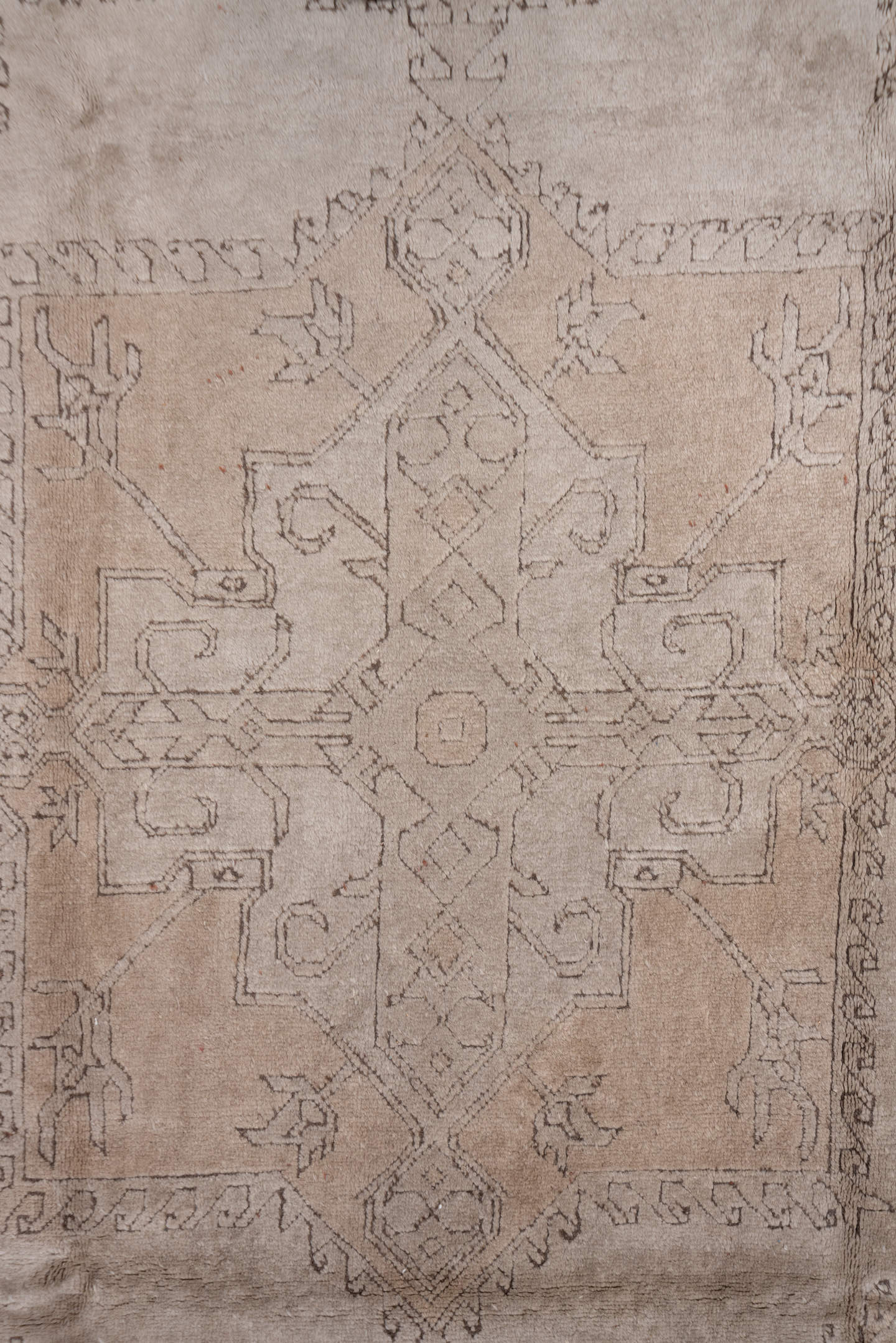 7' x 11' one-of-a-kind handmade vintage Oushak large size rug. Color palette: taupe, beige, ivory, camel, brown, gray
