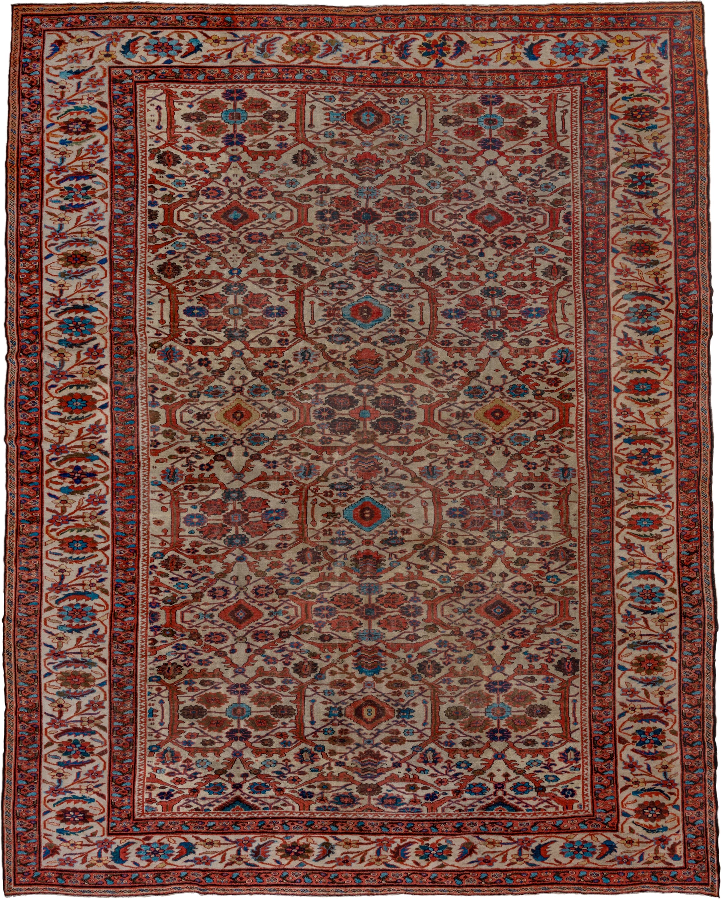 12' x 15' one-of-a-kind handmade antique Sultanabad oversize rug. Color palette: ivory, rust, brick, indigo, sky_blue, camel