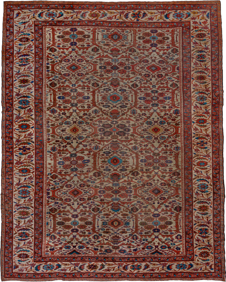 12' x 15' one-of-a-kind handmade antique Sultanabad oversize rug. Color palette: ivory, rust, brick, indigo, sky_blue, camel