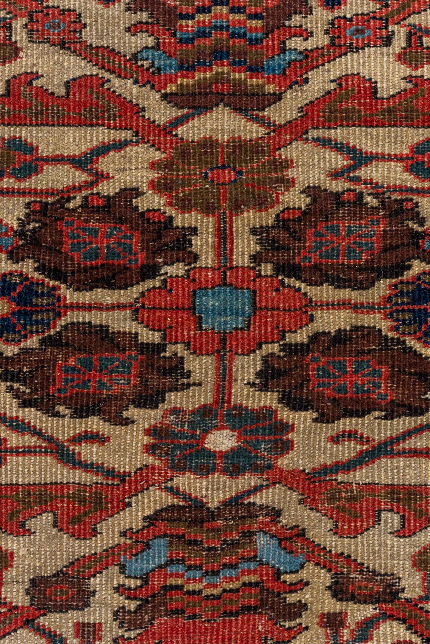 12' x 15' one-of-a-kind handmade antique Sultanabad oversize rug. Color palette: ivory, rust, brick, indigo, sky_blue, camel