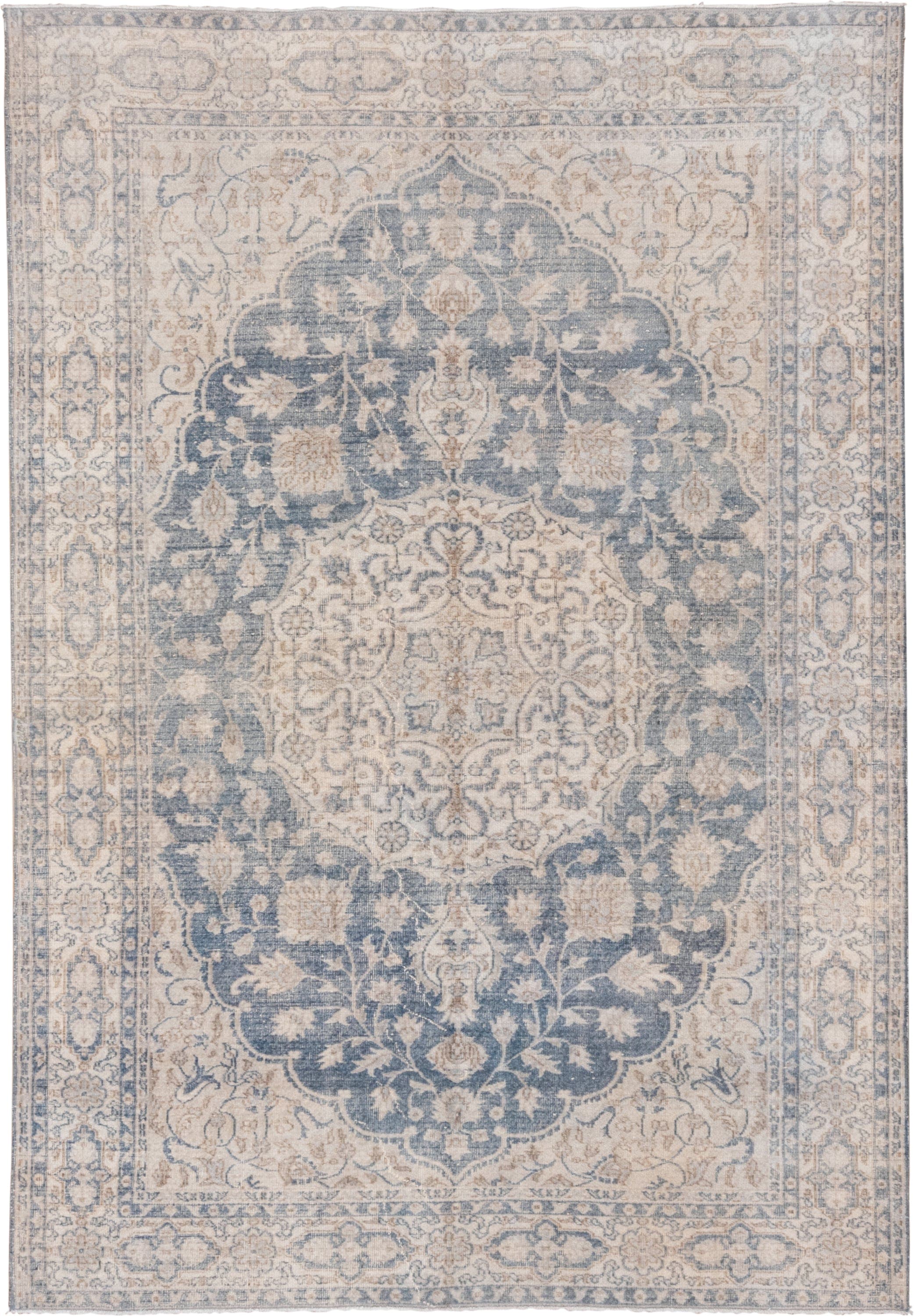 6' x 9' one-of-a-kind handmade vintage Oushak medium size rug. Color palette: ivory, powder_blue, beige, taupe, light_blue