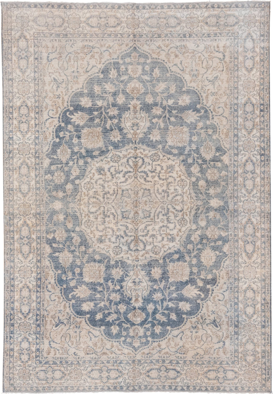 6' x 9' one-of-a-kind handmade vintage Oushak medium size rug. Color palette: ivory, powder_blue, beige, taupe, light_blue