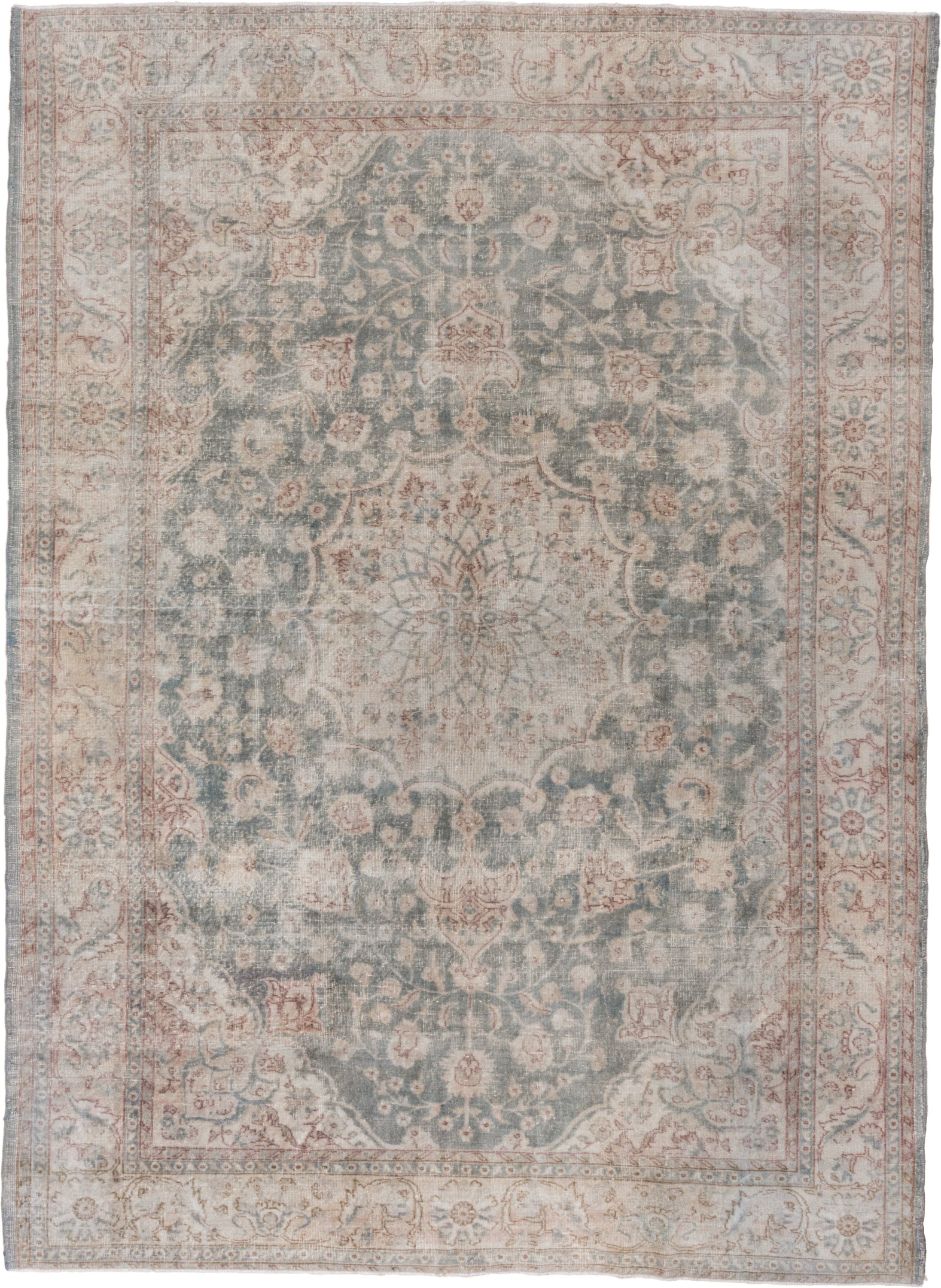 8' x 11' one-of-a-kind handmade vintage Oushak large size rug. Color palette: ivory, blue, taupe, rose, sage, beige, gray
