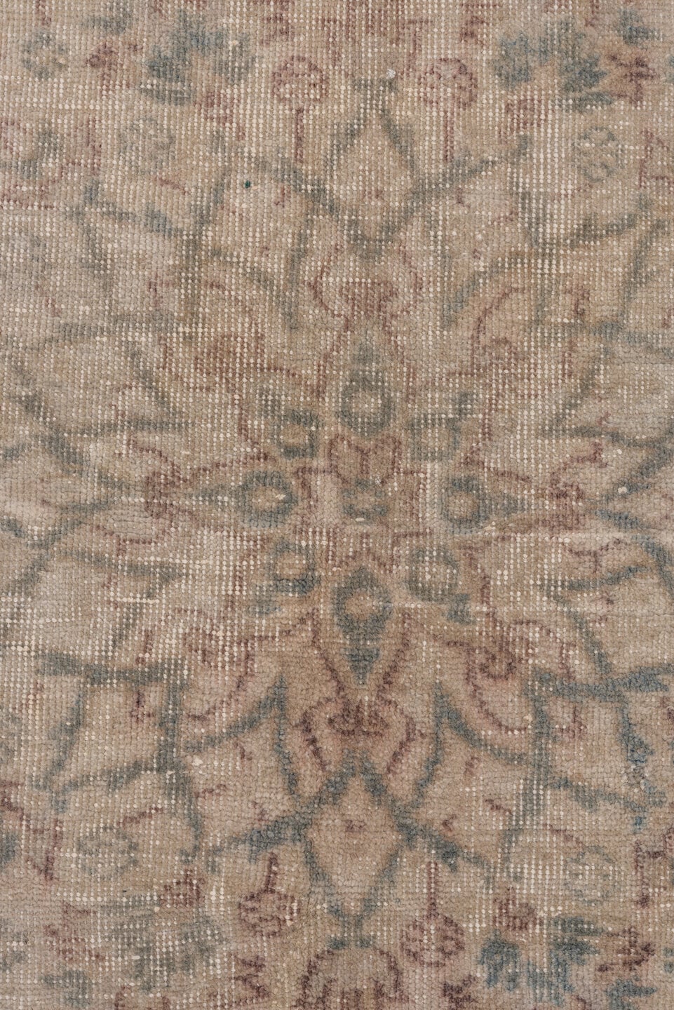 8' x 11' one-of-a-kind handmade vintage Oushak large size rug. Color palette: ivory, blue, taupe, rose, sage, beige, gray