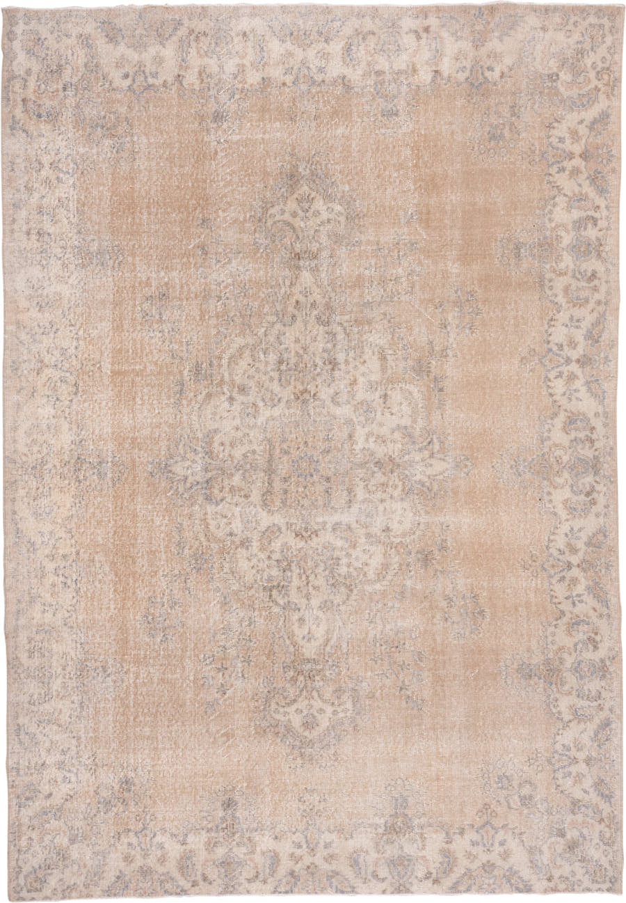 7' x 10' one-of-a-kind handmade vintage Oushak large size rug. Color palette: beige, ivory, taupe, pale blue, gray