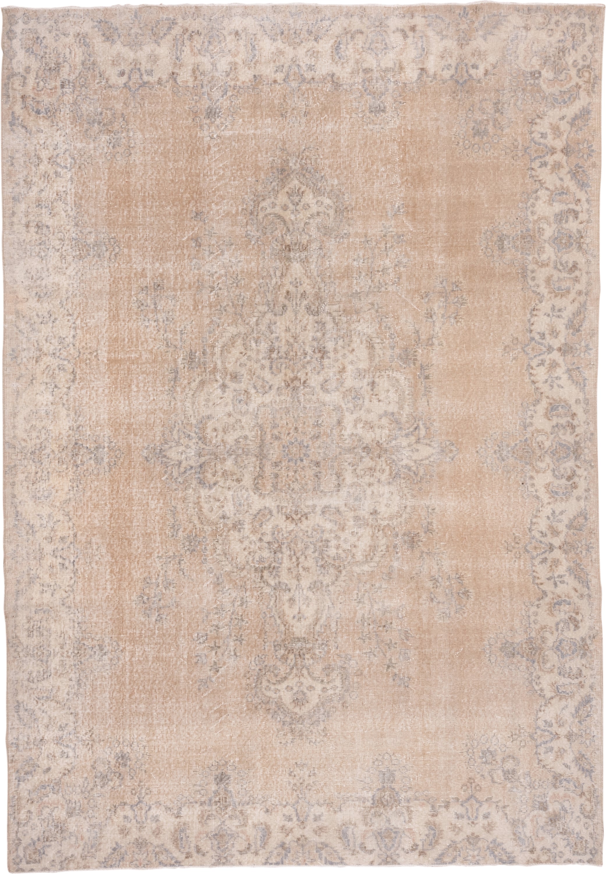 7' x 10' one-of-a-kind handmade vintage Oushak large size rug. Color palette: beige, ivory, taupe, pale blue, gray