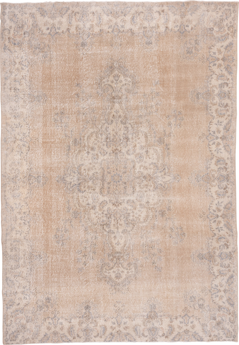 7' x 10' one-of-a-kind handmade vintage Oushak large size rug. Color palette: beige, ivory, taupe, pale blue, gray