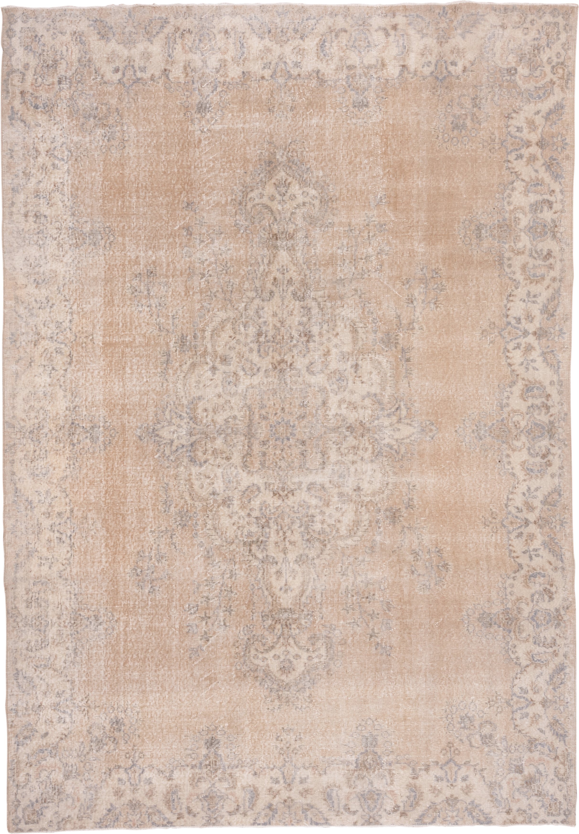 7' x 10' one-of-a-kind handmade vintage Oushak large size rug. Color palette: beige, ivory, taupe, pale blue, gray