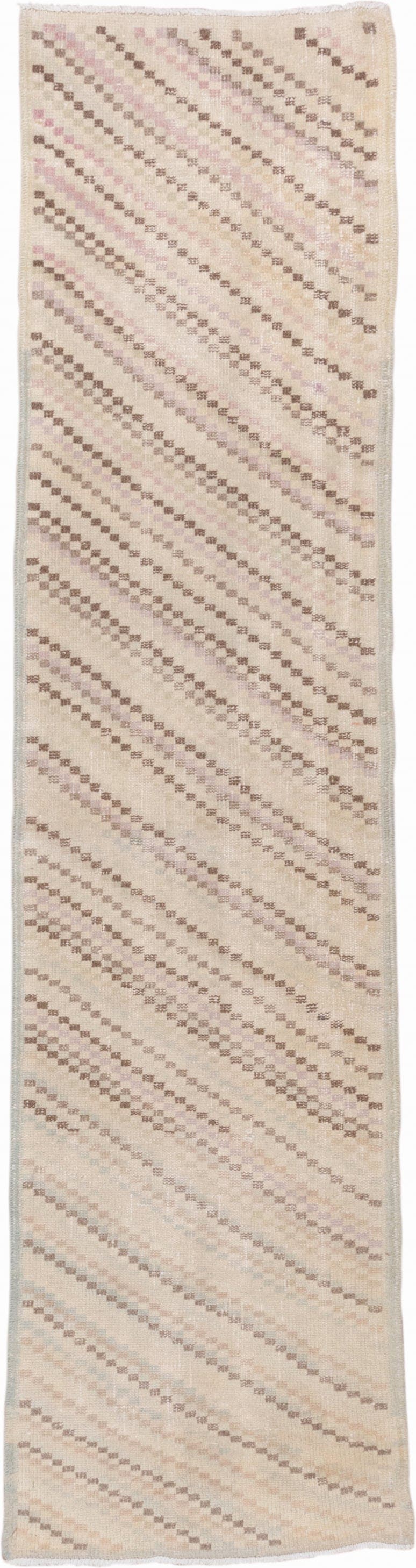 2' x 9' one-of-a-kind handmade vintage Oushak runner rug. Color palette: ivory, cream, taupe, blush, beige, gray, pink