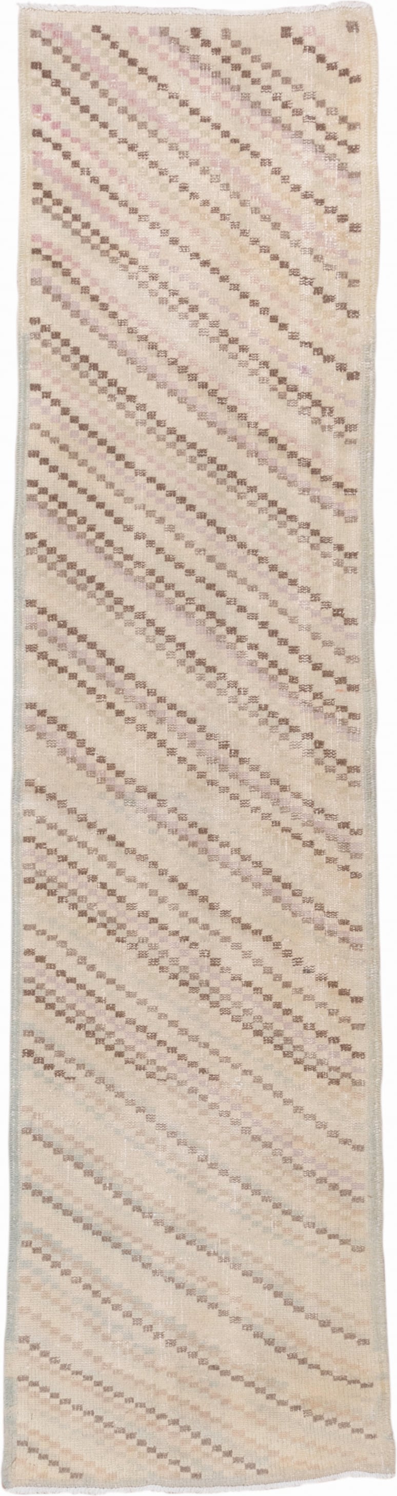 2' x 9' one-of-a-kind handmade vintage Oushak runner rug. Color palette: ivory, cream, taupe, blush, beige, gray, pink
