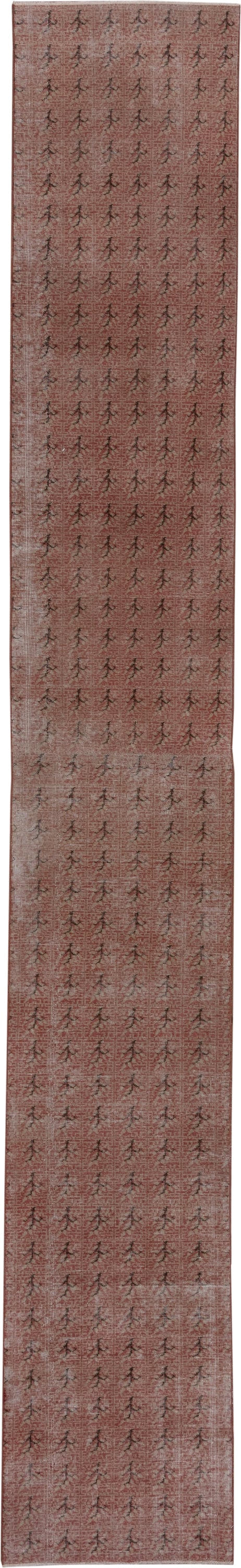 2' x 16' one-of-a-kind handmade vintage Oushak runner rug. Color palette: rose, dusty pink, taupe, charcoal, ivory, pink