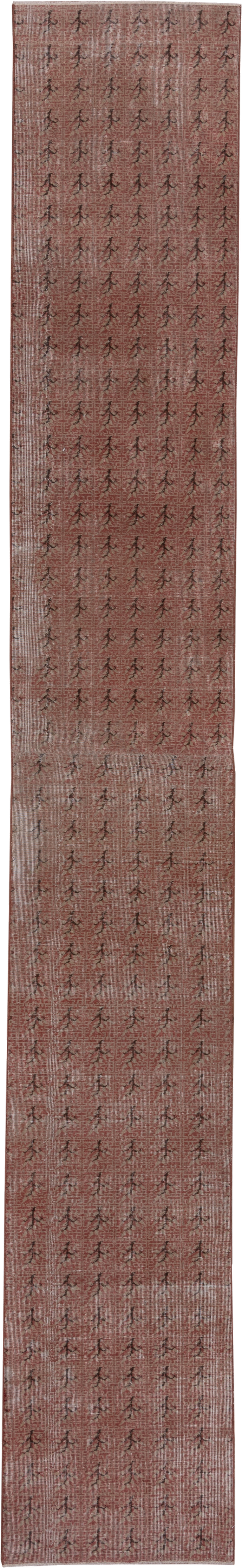 2' x 16' one-of-a-kind handmade vintage Oushak runner rug. Color palette: rose, dusty pink, taupe, charcoal, ivory, pink