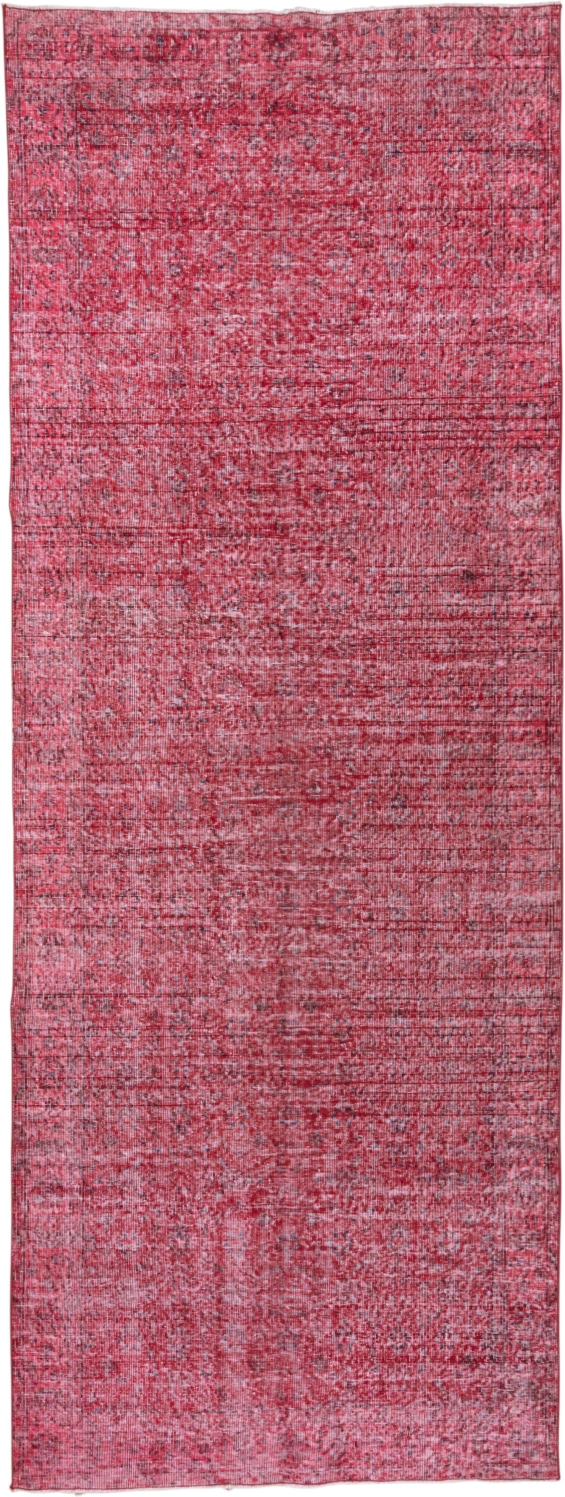 4' x 12' one-of-a-kind handmade vintage Overdyed runner rug. Color palette: rose, crimson, raspberry, burgundy, charcoal