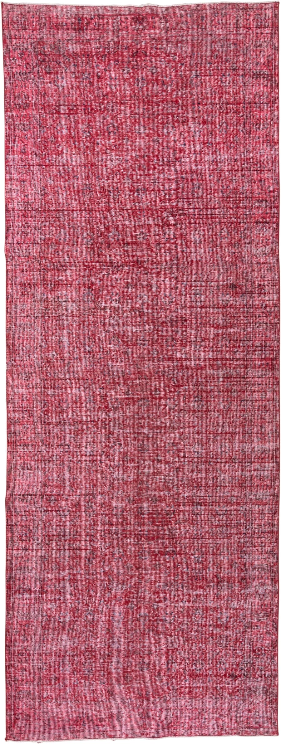 4' x 12' one-of-a-kind handmade vintage Overdyed runner rug. Color palette: rose, crimson, raspberry, burgundy, charcoal