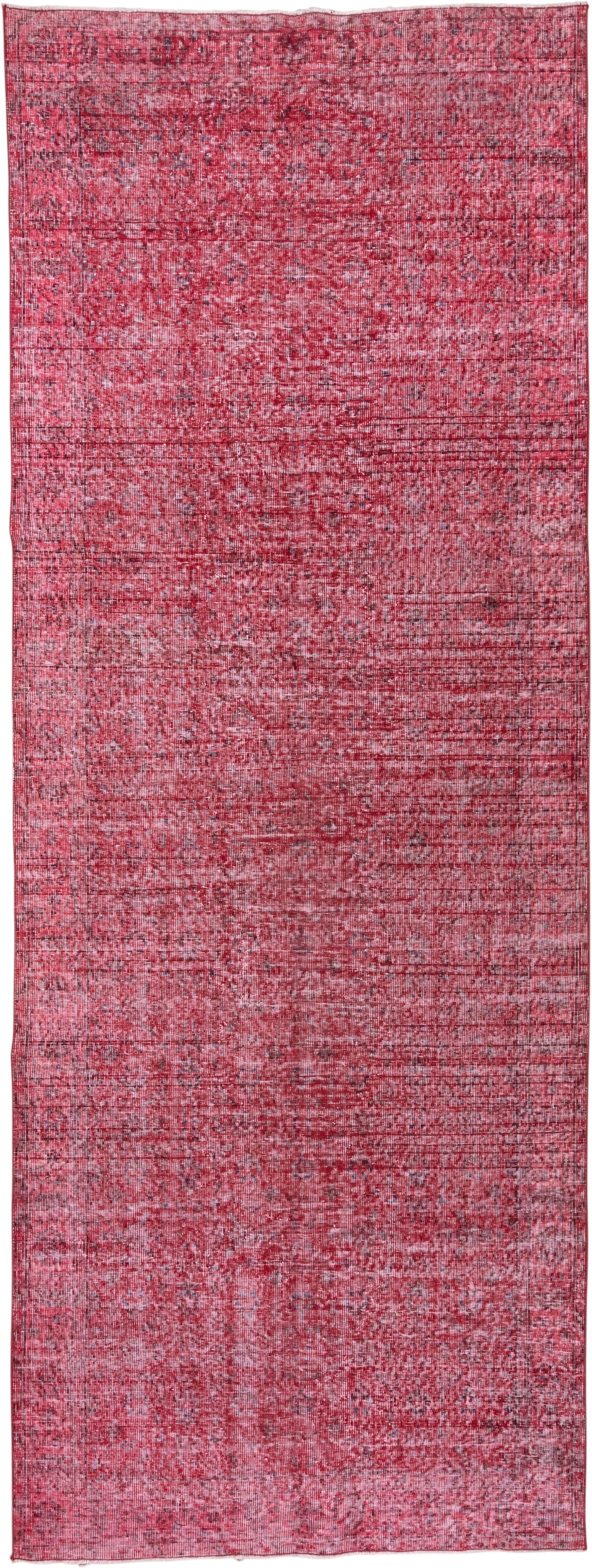4' x 12' one-of-a-kind handmade vintage Overdyed runner rug. Color palette: rose, crimson, raspberry, burgundy, charcoal