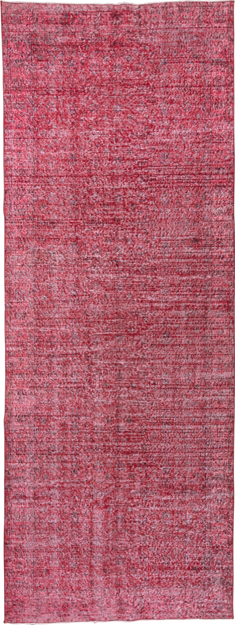4' x 12' one-of-a-kind handmade vintage Overdyed runner rug. Color palette: brown, pink, red, wine