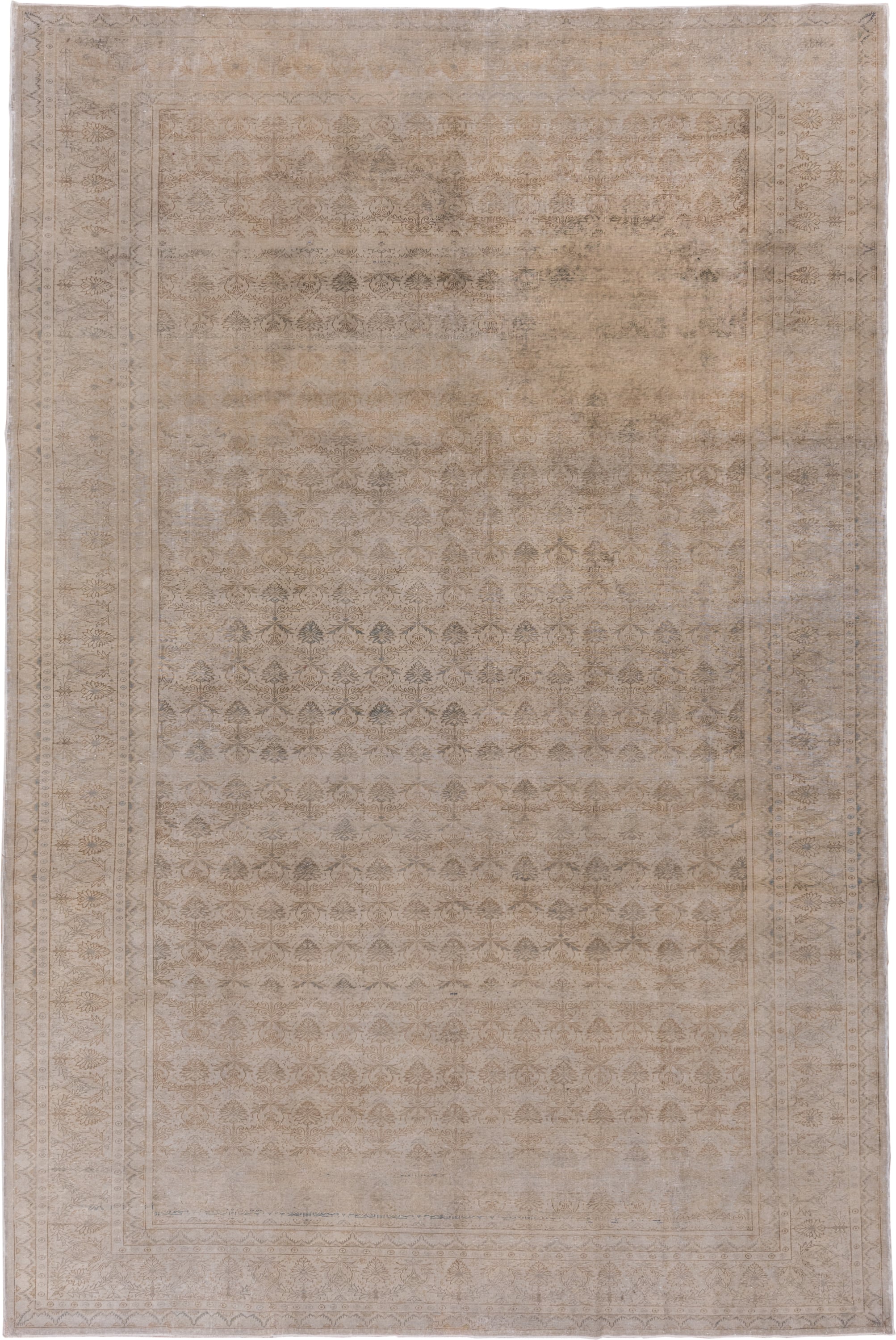 7' x 10' one-of-a-kind handmade vintage Kaisary large size rug. Color palette: beige, ivory, taupe, camel, sand, light brown