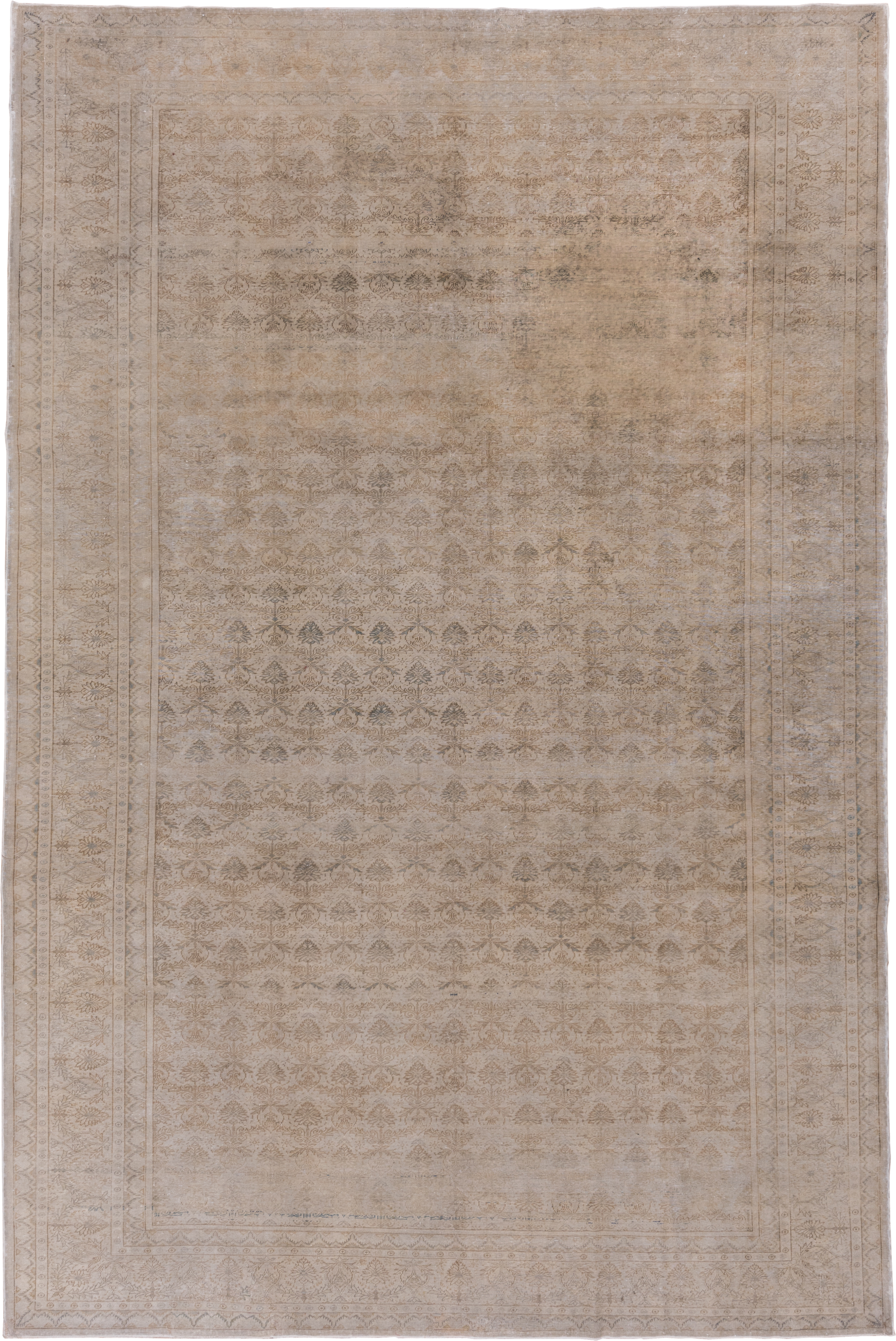 7' x 10' one-of-a-kind handmade vintage Kaisary large size rug. Color palette: beige, ivory, taupe, camel, sand, light brown