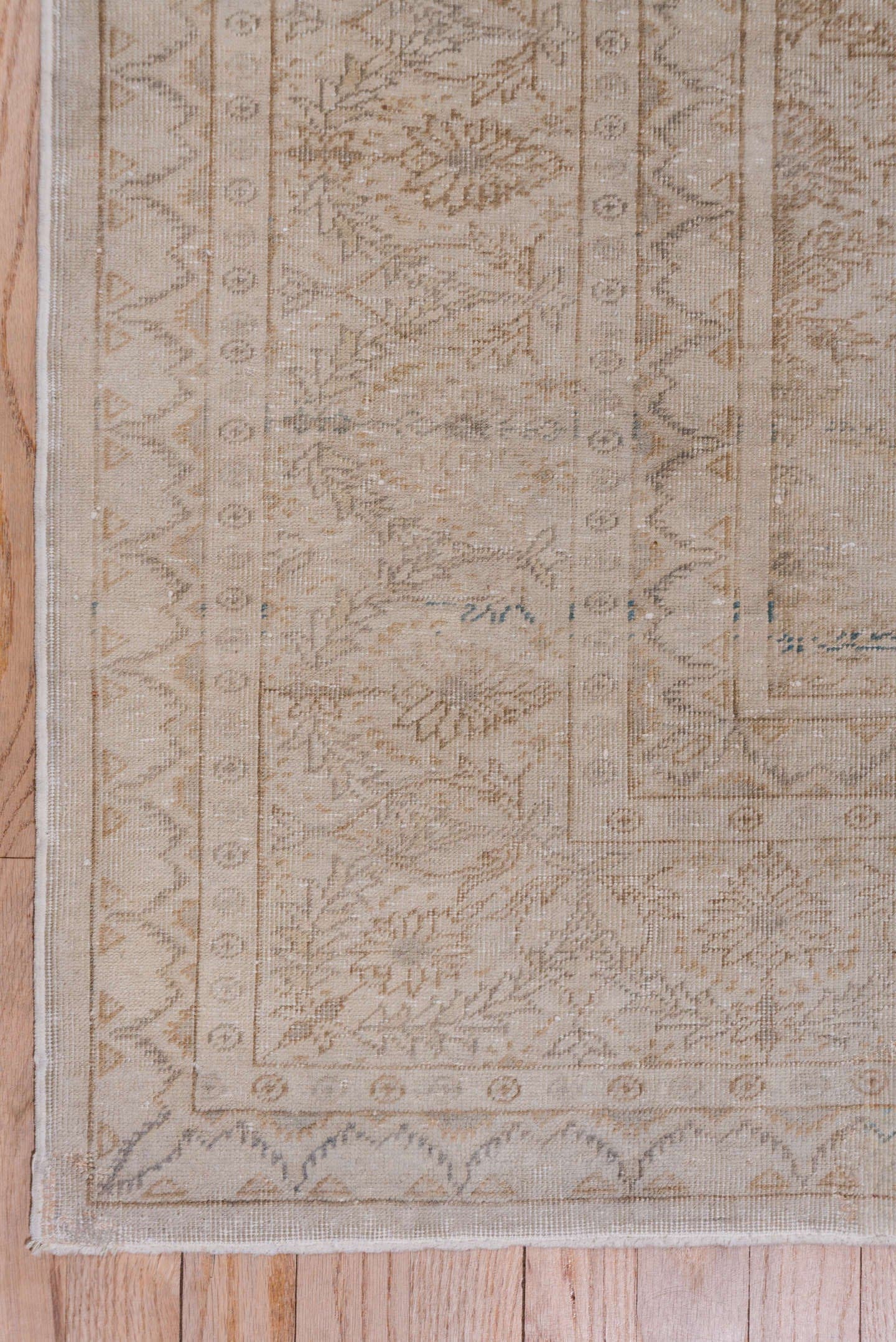 7' x 10' one-of-a-kind handmade vintage Kaisary large size rug. Color palette: beige, ivory, taupe, camel, sand, light brown
