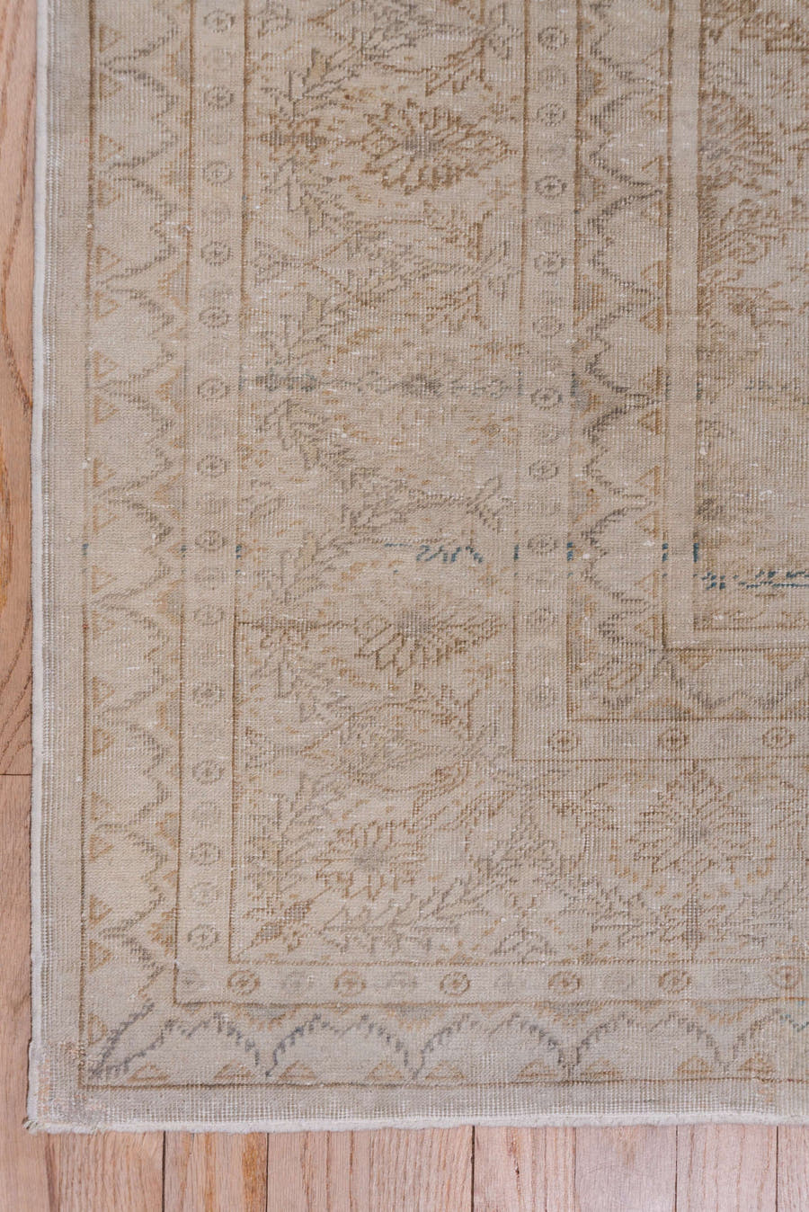 7' x 10' one-of-a-kind handmade vintage Kaisary large size rug. Color palette: beige, ivory, taupe, camel, sand, light brown