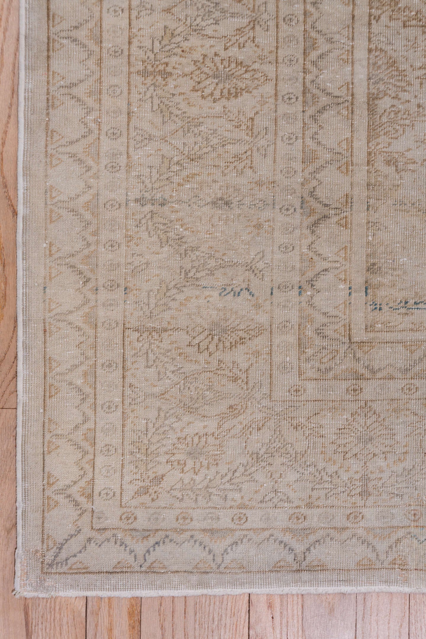 7' x 10' one-of-a-kind handmade vintage Kaisary large size rug. Color palette: beige, ivory, taupe, camel, sand, light brown