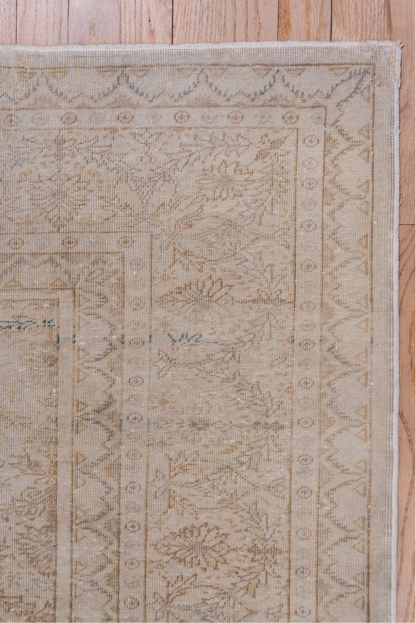 7' x 10' one-of-a-kind handmade vintage Kaisary large size rug. Color palette: beige, ivory, taupe, camel, sand, light brown