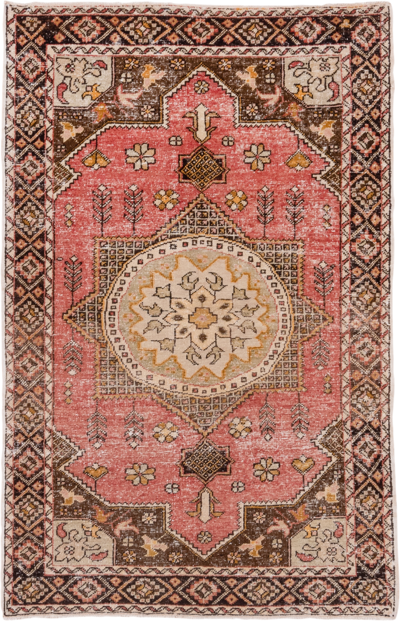 4' x 6' one-of-a-kind handmade vintage Oushak small size rug. Color palette: coral, brown, ivory, charcoal, gold, rose