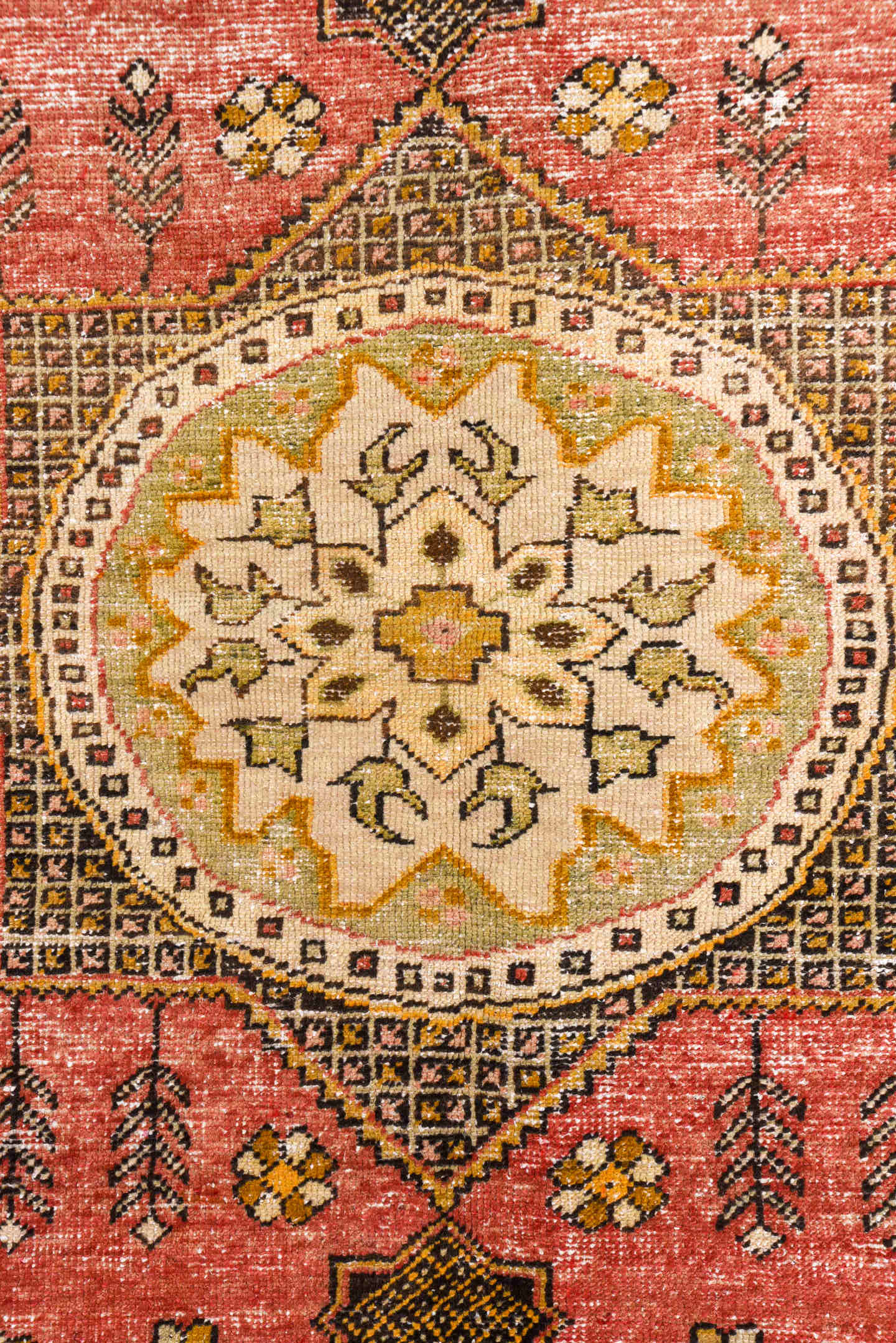 4' x 6' one-of-a-kind handmade vintage Oushak small size rug. Color palette: coral, brown, ivory, charcoal, gold, rose