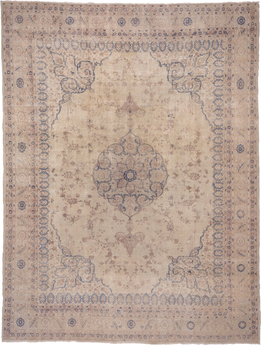 11' x 14' one-of-a-kind handmade antique Oushak oversize rug. Color palette: ivory, beige, pale blue, taupe, sand