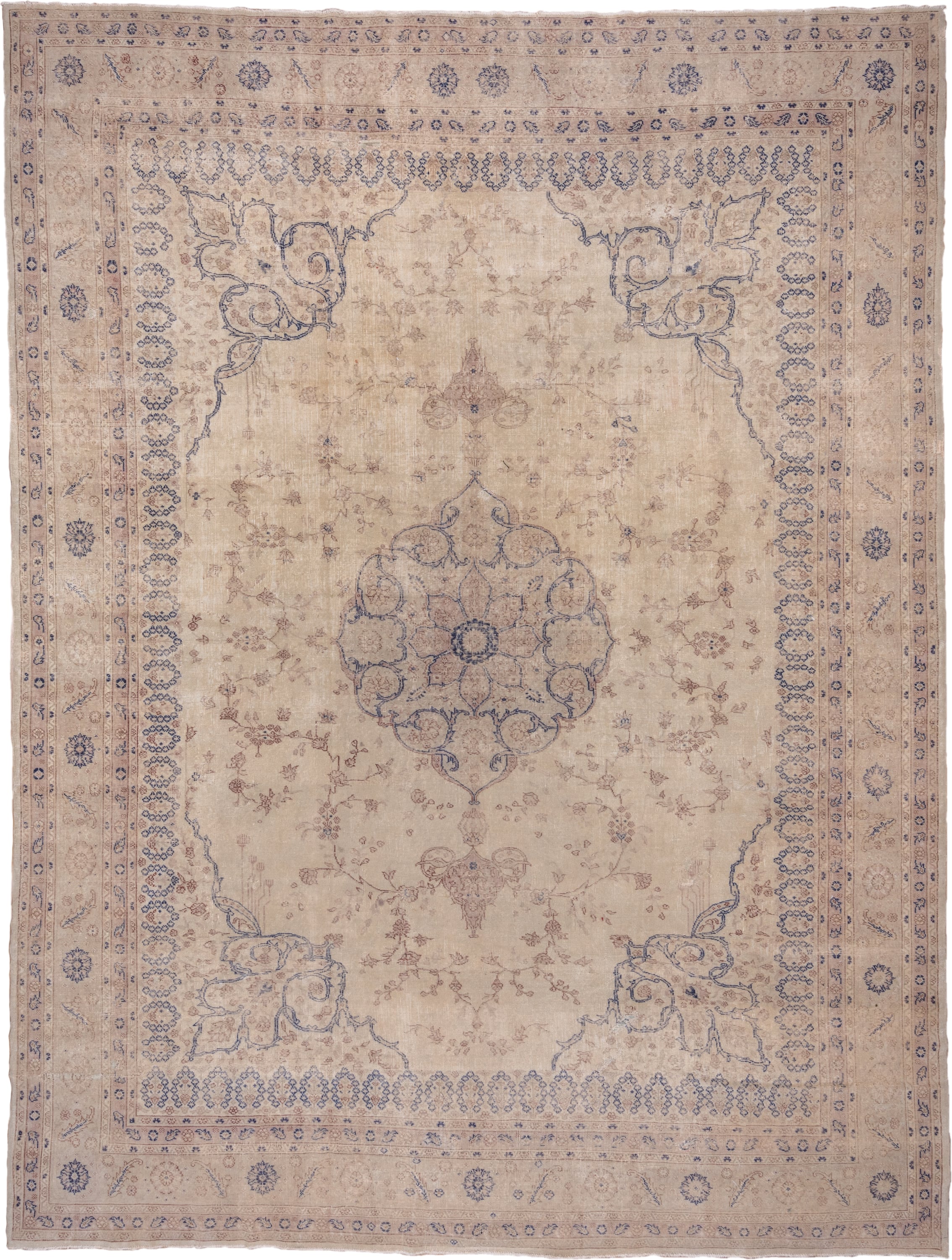 11' x 14' one-of-a-kind handmade antique Oushak oversize rug. Color palette: ivory, beige, pale blue, taupe, sand