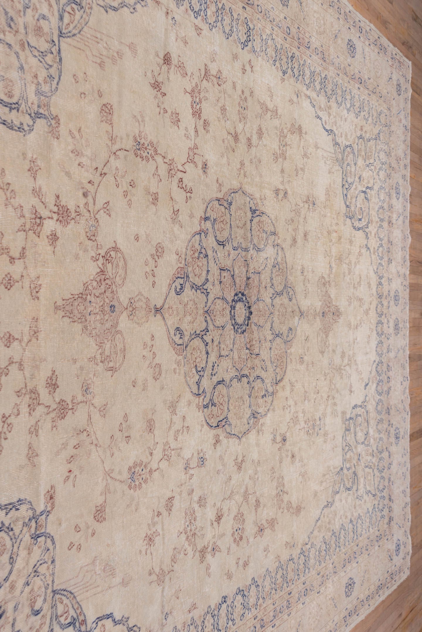 11' x 14' one-of-a-kind handmade antique Oushak oversize rug. Color palette: ivory, beige, pale blue, taupe, sand
