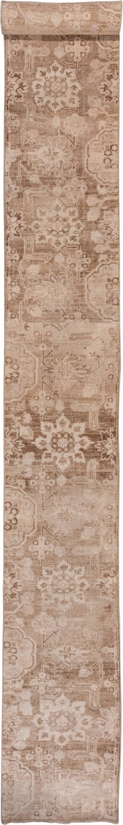 2' x 21' one-of-a-kind handmade antique Oushak runner rug. Color palette: taupe, beige, ivory, camel, sand, light_brown