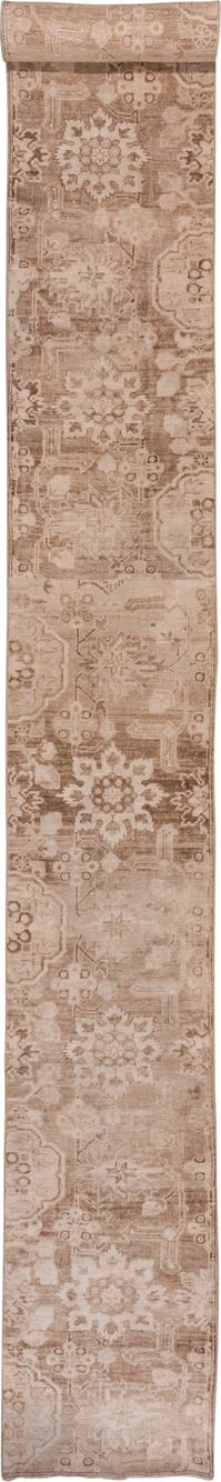 2' x 21' one-of-a-kind handmade antique Oushak runner rug. Color palette: taupe, beige, ivory, camel, sand, light_brown