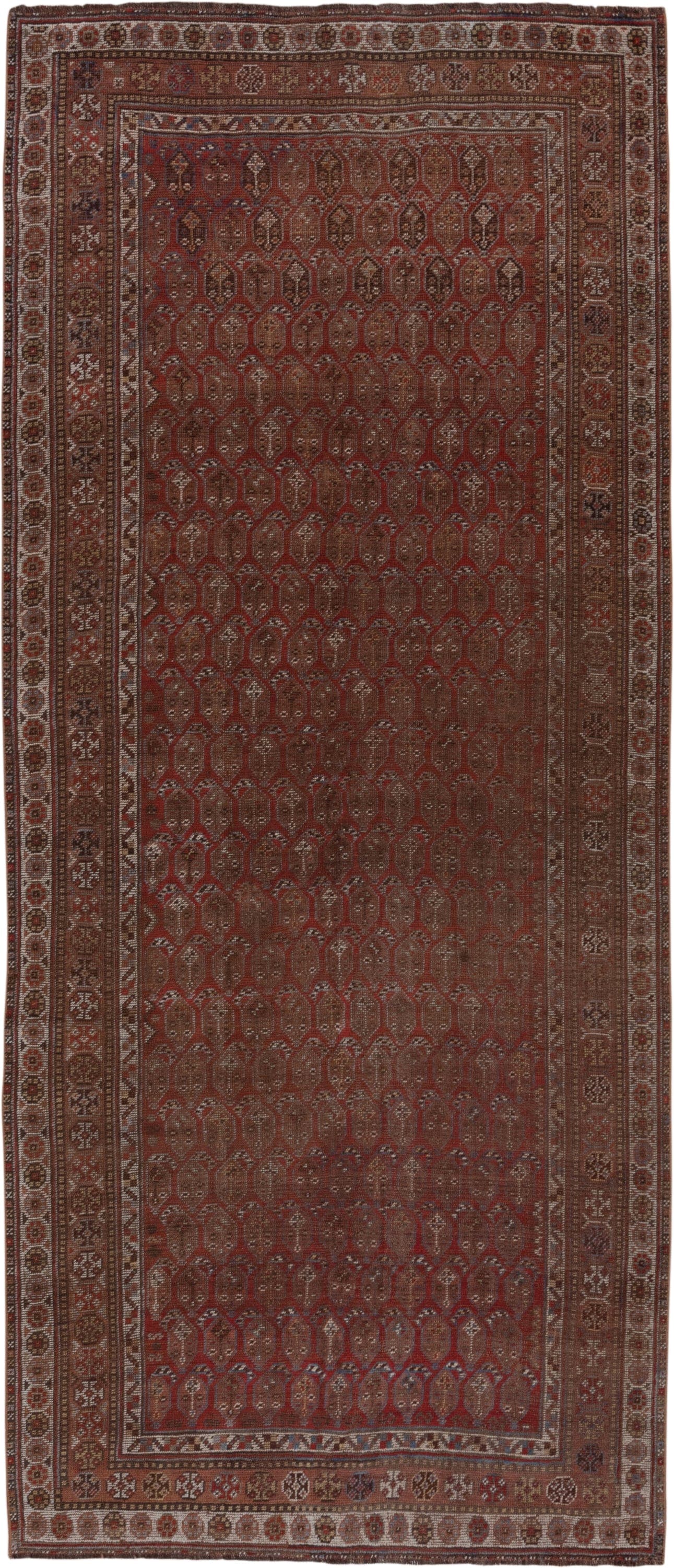 5' x 11' one-of-a-kind handmade vintage Shiraz runner rug. Color palette: rust, brown, ivory, burgundy, taupe, charcoal
