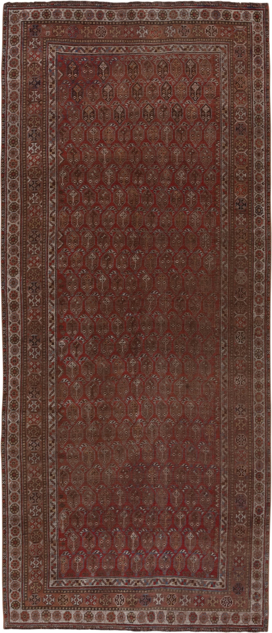 5' x 11' one-of-a-kind handmade vintage Shiraz runner rug. Color palette: rust, brown, ivory, burgundy, taupe, charcoal